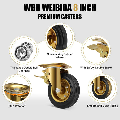 Heavy Duty 6 Inch Casters Set Of 4 With Dual Locking Brakes Badass 2600 LB Capacity Industrial Rubber Wheels Smooth Rolling For Tool Carts And Workbenches image showing premium 8 inch casters with rubber wheels and safety brakes.