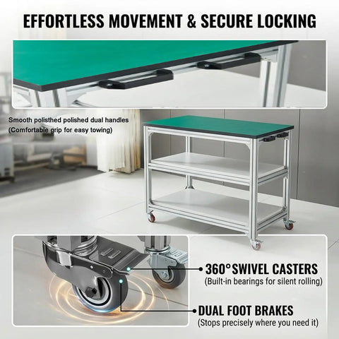 Heavy Hitter Anti Static Mobile Workbench Aluminum Utility Cart On Smooth Swivel Wheels Top Shelf Esd Pad Station showing dual handles and casters.