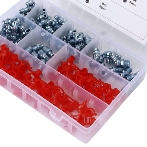 Heavy Beefy 160 Pieces Grease Fitting Kit With Zerk Nipples Incl 45 90 180 Deg Elbows Plus Straight Nuts In Storage Box Made For Cars Motorcycles Trucks And Farm Tractors For Keeping Your Rig Rocking Strong. M10 zinc-plated fittings in organizer box