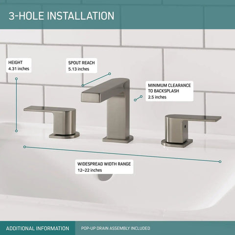 Xander Widespread Bathroom Faucet Brushed Nickel Three Hole Configuration With Ceramic Disc Valve Easy Install Pop Up Drain Assembly Included For 6-16 Inch Widespread Sinks