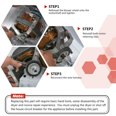 Installation steps for Dryer Drive Motor With Pulley Upgrade Blower Shaft Length Drop In Replacement for Maytag models.