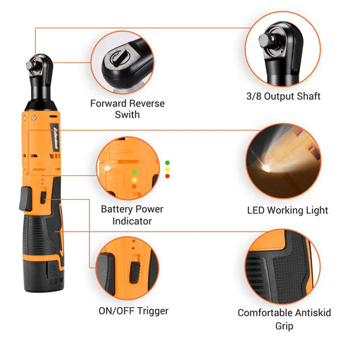 Cordless Ratchet Wrench Set 3 Eighth Inch 12V Battery Powered Tool Kit With Battery And Charger Electric Ratchet 40 Foot Pounds Torque And 400 RPM Built In LED Light And Ergonomic Handle For Auto Repair And Home Projects features diagram