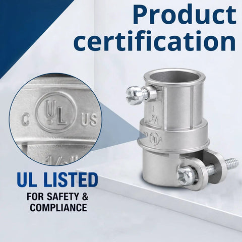 Half Inch EMT To Flex Combination Squeeze Coupling With Snap In Design For Quick Tool Free Install Connects One Half Inch EMT To Flexible Conduit With Durable Zinc Alloy Silver Finish Perfect For DIY Electrical Projects, UL listed