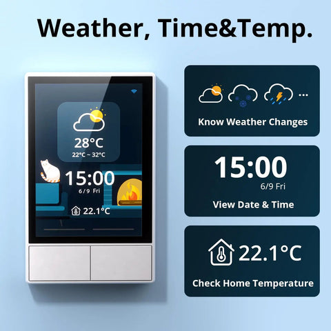 NSPanel Smart Wall Switch With Touchscreen, Two Channel WiFi Scene Controller showing weather, time, and temperature display