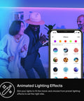 People dancing with 32.8 Ft RGB WiFi LED Light Strip With Alexa And Google Assistant, vibrant animated lighting effects displayed on phone