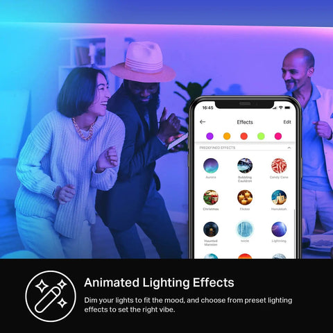 People dancing with 32.8 Ft RGB WiFi LED Light Strip With Alexa And Google Assistant, vibrant animated lighting effects displayed on phone