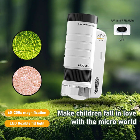Pocket LED Microscope With 60X To 200X Zoom, Portable Handheld Micro Observation Tool For Kids And Adults, Mini Field Lab Microscope For Science Projects And Outdoor Microbe Exploration, white plastic with LED/UV switch