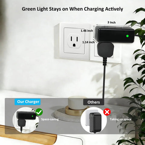 12V Replacement Charger For Recital 61 And 88 Key Digital Pianos plugged in with green light indicator, space-saving design