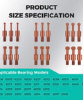 Front view of copper-toned bearing puller kit components with curved hooks and six collet sizes, shown with bearing model list.
