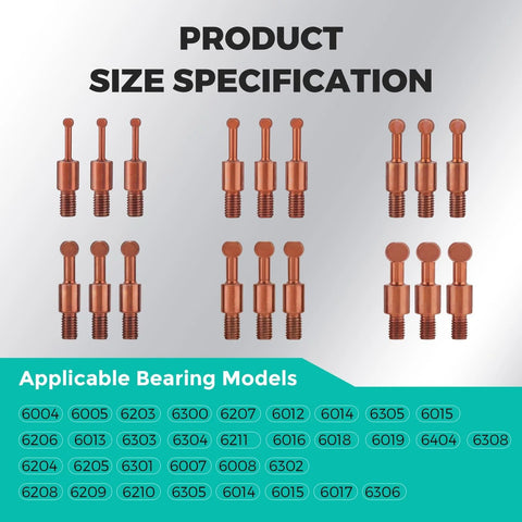 Front view of copper-toned bearing puller kit components with curved hooks and six collet sizes, shown with bearing model list.