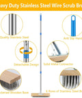 65 inch long handle deck scrub brush with dense stainless steel bristles for moss grime and algae removal on concrete surfaces