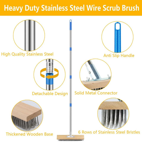 65 inch long handle deck scrub brush with dense stainless steel bristles for moss grime and algae removal on concrete surfaces