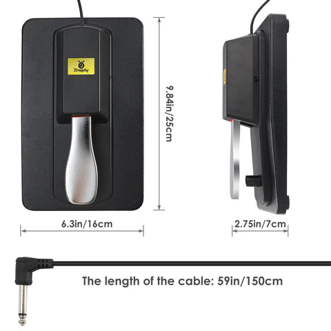 Sustain Pedal Universal Foot Controller Switch for Keyboards with 6.35mm jack, dimensions 9.84in x 2.75in x 6.3in