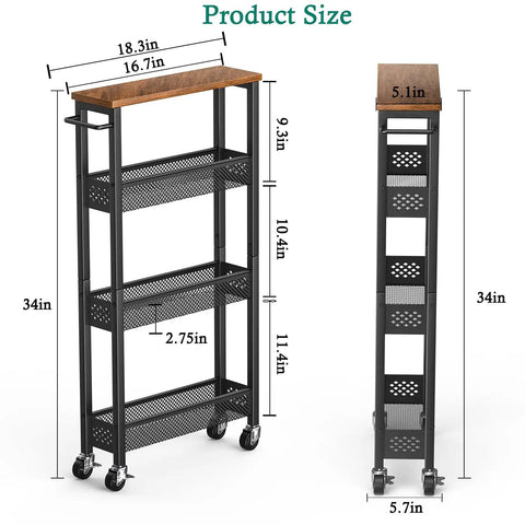 Front and side view of Go To Slim Four Tier Rolling Storage Cart For Narrow Spaces With Wood Top And Metal Handle Mobile Kitchen And Pantry Shelving Unit On Wheels For Small Kitchen Bathroom Laundry Room Space Saver