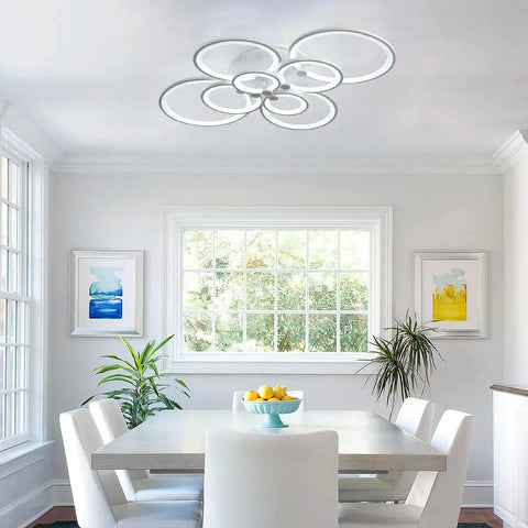 Cool 8-Ring LED Dimmable Ceiling Light With Remote, white flush mount in modern dining room with abstract art.
