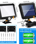 Outdoor Solar Motion Lights With 56 LED, IP65 Waterproof, 120 Degree Lighting Angle, split panel, cable, and accessories.