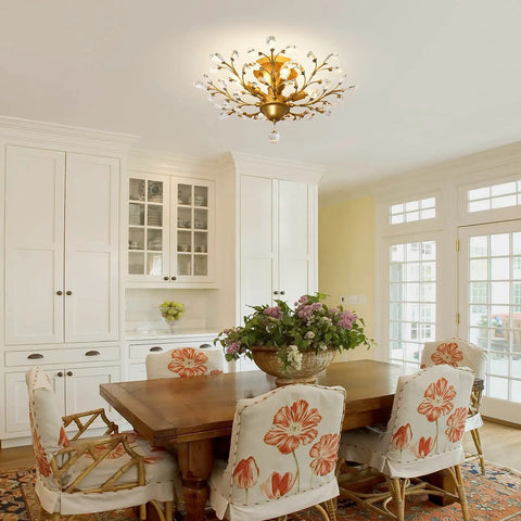 Crystal Chandelier Pendant Light With K9 Crystals, Vintage Gold Ceiling Fixture illuminating dining room.