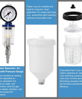 Oil water separator with pressure gauge and reusable paint cups for Pro Grade Hvlp Spray Gun With Four Precision Nozzles And Dual Cup Kit.