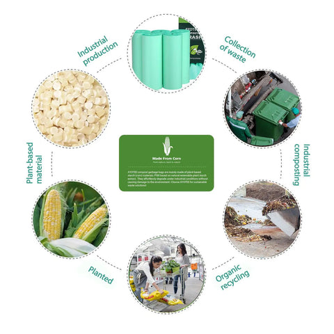 Lifecycle of Industrially Compostable 13 To 15 Gallon Tall Kitchen Trash Bags, plant-based material, composting process.