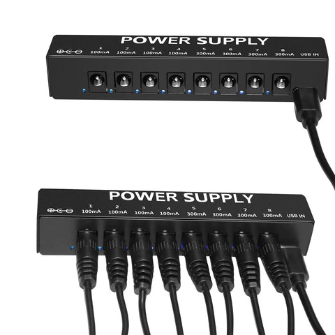 Eight Isolated Outputs Pedalboard Power Supply with LED Status Indicators and cables connected, ultra compact mini size