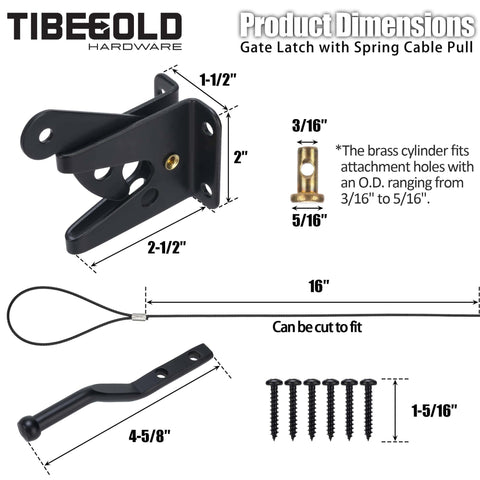 Detailed dimensions for Self Locking Gate Latch With Spring Cable Pull For Outdoor Gates Black Gravity Lever Door Latch