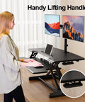 32 Inch Standing Desk Converter With Sit Stand Elevation Height Adjustable Riser, dual monitors, black X lift frame