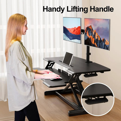 32 Inch Standing Desk Converter With Sit Stand Elevation Height Adjustable Riser, dual monitors, black X lift frame