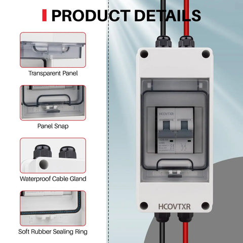 63 Amp DC Solar Disconnect Switch Isolator 1000V For Solar Power Weatherproof RV Breaker Box with transparent panel and cable gland