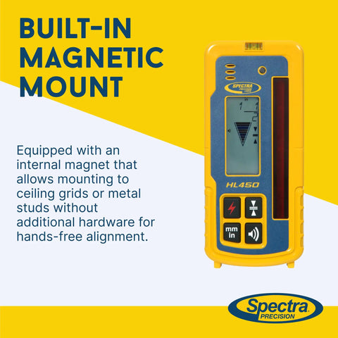 HL450 Laserometer Receiver With Digital Readout And Dual LCD Elevation Displays 102 Mm Beam Reception Built Tough IP67 Rugged Housing Drop Resistant Up To 5 Ft Includes Rod Clamp And User Guide For Quick On Grade, built-in magnetic mount