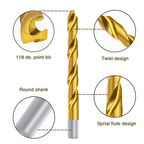 ENERTWIST titanium drill bit kit, 118° point, twist design, gold-coated HSS, round shank