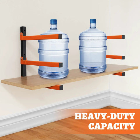 2 Pack Lumber Rack Wood Organizer and Wall Mount Shelf System with 3 Levels Heavy Duty Orange Metal Storage Racks, holding water bottles