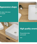 White Ceramic Square Vessel Bathroom Sink with smooth edges on a wooden countertop and soft towels nearby.