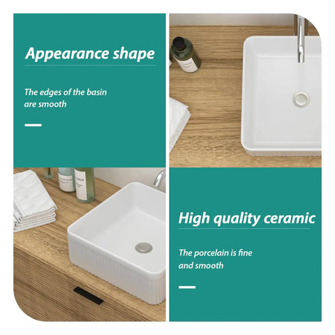 White Ceramic Square Vessel Bathroom Sink with smooth edges on a wooden countertop and soft towels nearby.
