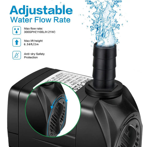 Ultra Quiet Submersible Water Pump 300GPH 1100L/H 21W with adjustable flow and nozzles for aquarium pond tank fountain setup