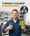Cordless Electric Cardboard Cutter And Heavy Duty Power Scissors With 350Rpm High Torque Motor And 3 Tough Alloy Blades, held by a person in gloves.