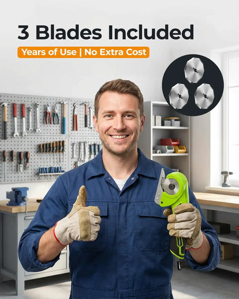 Cordless Electric Cardboard Cutter And Heavy Duty Power Scissors With 350Rpm High Torque Motor And 3 Tough Alloy Blades, held by a person in gloves.