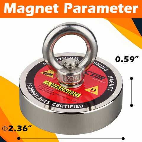 Front view of MUTUACTOR magnet fishing magnet with lifting ring and red warning label