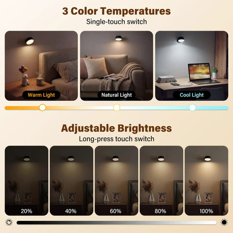 Battery Operated Wall Sconce 2 Pack, Rechargeable Wall Lights for Bedroom showcasing 3 color temperatures and adjustable brightness.
