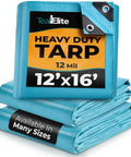 Stacked blue heavy duty waterproof tarp 12x16 ft thick 12 mil with metal grommets showing package label UV resistant and tear proof