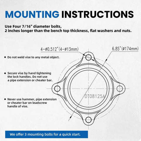 Mounting instructions diagram for Six Inch Heavy Duty Bench Vise With Rotating Swivel Base And Head Built From Solid Cast Iron.
