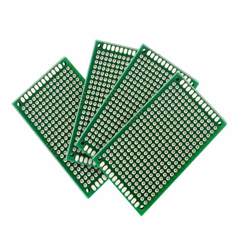Double Sided FR4 PCB Prototyping Board Kit 10 Pack 4x6 Cm Solderable Protoboard For Arduino Projects And DIY Electronics Perfect For Prototyping Circuits Without Recut Wires Or Rework No Fuss, showing stack of four boards with visible holes and green surface.