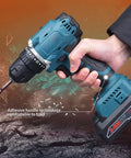Heavy Duty Cordless Drill Set With Sleek Brushless Motor And Knockout 21V Power Delivers 30 Nm Torque Plus 20 Clutch Settings in hand with adhesive handle technology.