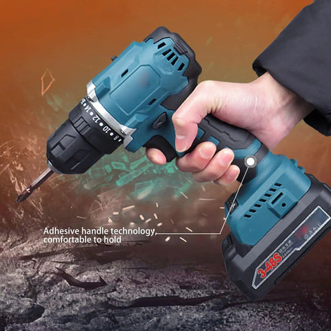 Heavy Duty Cordless Drill Set With Sleek Brushless Motor And Knockout 21V Power Delivers 30 Nm Torque Plus 20 Clutch Settings in hand with adhesive handle technology.