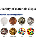 A variety of materials display including flour, coffee, grain, and candy suitable for Straight Up Automatic Powder Filler Machine With Digital Display Quick Vibration Tech And Detachable Hopper For Zero Stress Flour And Grain Packing.
