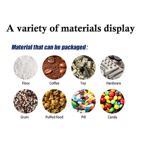 A variety of materials display including flour, coffee, grain, and candy suitable for Straight Up Automatic Powder Filler Machine With Digital Display Quick Vibration Tech And Detachable Hopper For Zero Stress Flour And Grain Packing.