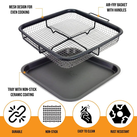 Crisping Basket And Tray Set For Air Fryers With Nonstick Coating, Even Cooking And Grease Catcher, Healthy Frying, 9x10 Inch Gray