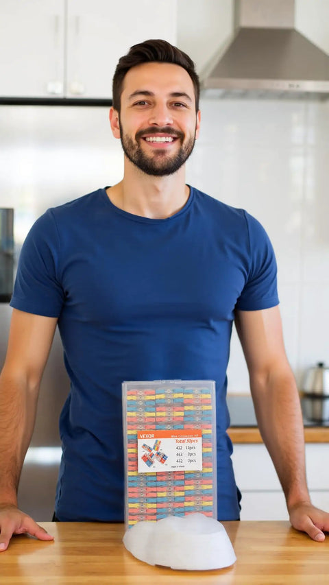 Person standing behind a box labeled 'Lever Wire Connectors Kit' on a kitchen counter, showcasing electrical connectors.