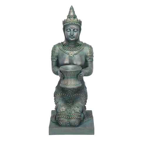 Thai Princess Kneeling Garden Statue With Offering Bowl Indoor Outdoor Polyresin Sculpture 28 Inch Tall Handcast Green Bronze Finish