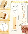 Durable aluminum alloy whistle with keychain and carabiner from Six Pack Bear Bell Safety Gear, shows dimensions and features.