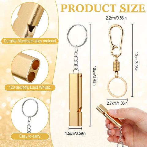 Durable aluminum alloy whistle with keychain and carabiner from Six Pack Bear Bell Safety Gear, shows dimensions and features.